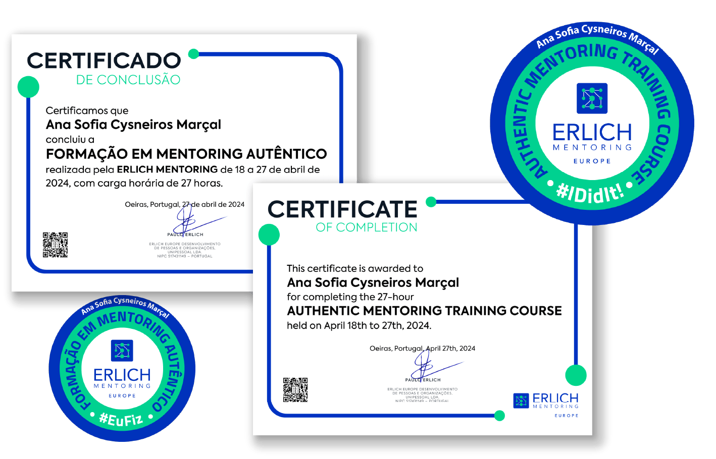Certificado e selo de conclusão da Formação em Mentoring Autêntico